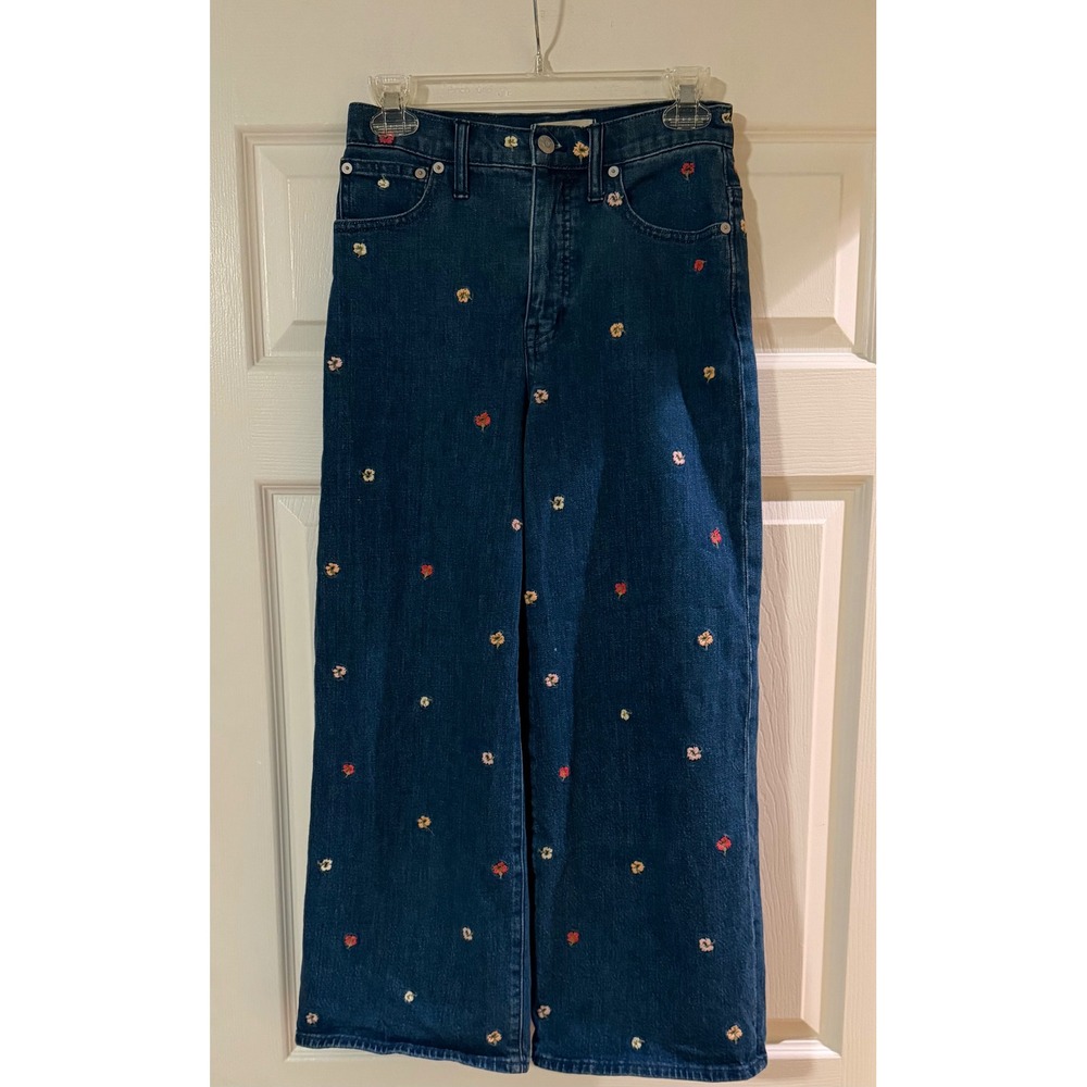 Madewell Wide Leg Crop Jeans Size 25 Dark Wash Floral Embroidered Denim Hippie